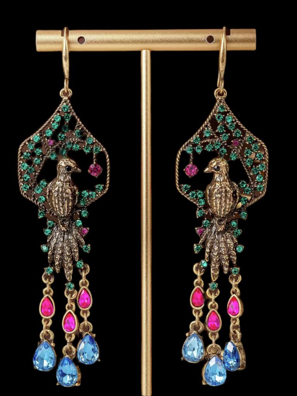 Vintage Bird Tree Statement Dangle Earrings Green Rhinestone Woodland Gold Tone